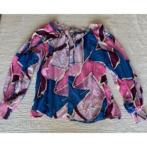 Perch by Blu Pepper Abstract Geometric Tie Neck Peasant Blouse Pink Blue 3XL